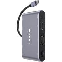CANYON  DS-14, концентратор USB C 8 в 1, 1*HDMI: 4K*30 Гц, 1*VGA, 1*порт для заряджання Type-C PD, вхід PD макс. 100 Вт. 3*USB3.0, швидкість передачі до 5 Гбіт/с. 1*Glgabit Ethernet, 1*3,5 мм аудіороз’єм, кабель 15 см, корпус з алюмінієвого сплаву, 95*55*17,6 мм, 107 г, темно-сірий