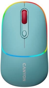 Бездротова оптична миша Canyon 2 в 1 з 6 кнопками, DPI 800/1200/1600, 2 режими (BT/ 2.4GHz), Li-poly акумулятор 650mAh, RGB підсвічування, темно-блакитний, довжина кабелю 0.8m, 110*62*34.2mm , 0,085 кг