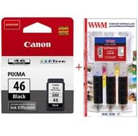 Картридж Canon PG-46, Black, E404/414/464/474/484, 15 мл + заправний набір WWM 3x20 мл чорнила C45/BP (Set46-inkB)