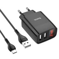 Набор СЗУ 110-240V HOCO C86A+ кабель Type-C, 2xUSB, 2.4A, 1м кабель, Black, Box