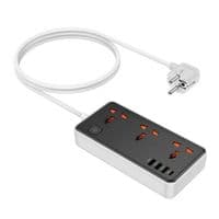 Сетевой фильтр HOCO AC8A на 3 розетки + 3 USB+USB-C, 30W, 220В, кабель 1,5м, Black / White, Box