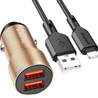 Автомобильное зарядное устройство BOROFONE BZ19 Wisdom dual port car charger set(iP) Gold