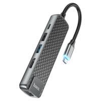 Кабель-переходник HOCO HB23 Easy view Type-C multifunction adapter(HDTV+USB3.0+USB2.0+RJ45+PD) Metal Gray