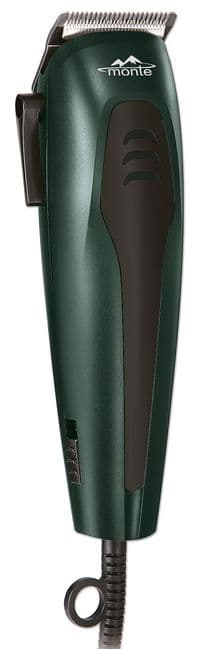 Машинка для стрижки Monte MT-5064 C, Green, 15W, питание от сети, 4 насадки (3, 6, 9, 12мм), лезвия керамические, в комплекте щеточка для чистки, расческа, смазка