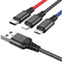 Кабель HOCO X76 USB to iP+Type-C+Micro 2A, 1м, нейлон, алюмінієві конектори Black+Red+Blue