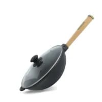Сковорода Brizoll чугунная WOK с деревянной ручкой и стеклянной крышкой 2,8 л 260х80 мм (W26H-6)
