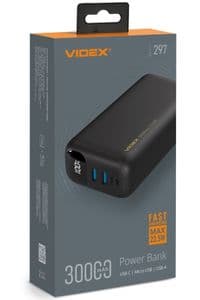 Универсальная мобильная батарея 30000 mAh, Videx VPB-297, White, 22.5 Вт, 1xType-C (PD3.0)/2xUSB (QC3.0), цифровой LED дисплей (VPB-297-W)