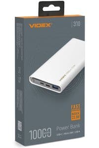 Универсальная мобильная батарея 10000 mAh, Videx VPB-310, White, 22.5 Вт, 1xType-C (PD3.0)/1xUSB (QC3.0), LED индикатор заряда (VPB-310-W)