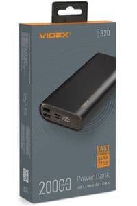 Универсальная мобильная батарея 20000 mAh, Videx VPB-320, Black, 22.5 Вт, 1xType-C (PD3.0)/2xUSB (QC3.0), цифровой LED-дисплей (VPB-320-B)