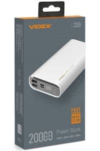 Универсальная мобильная батарея 20000 mAh, Videx VPB-320, White, 22.5 Вт, 1xType-C (PD3.0)/2xUSB (QC3.0), цифровой LED-дисплей (VPB-320-W)