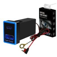АЗУ врезное 130W-D01T03-Fuse, PD+QC, Type-C: 100W, USB: 30W, LED подсветка, комплект проводов с разъемами и предохранителем, 33x22х58mm, Black