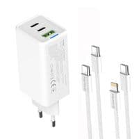 Мережевий зарядний пристрій ColorWay, White, 65 Вт, GaN, 2xType-C (65 Вт / 20 Вт, PD3.0) / 1xUSB (18 Вт, QC4.0), Auto ID, кабель Type-C - Type-C, кабель Type-C - Lightning (CW-CHS058PDCL-WT)